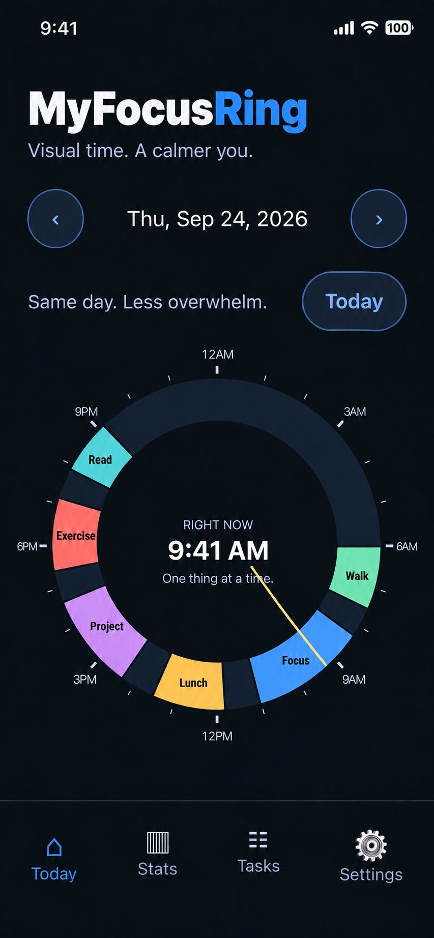MyFocusRing dashboard artwork displayed inside a phone: a colorful 24-hour task ring on a dark screen